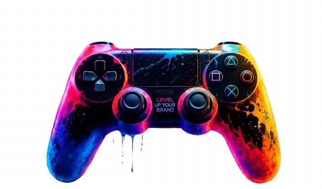 A vibrant controller in neon paint, symbolizing leveling up your business